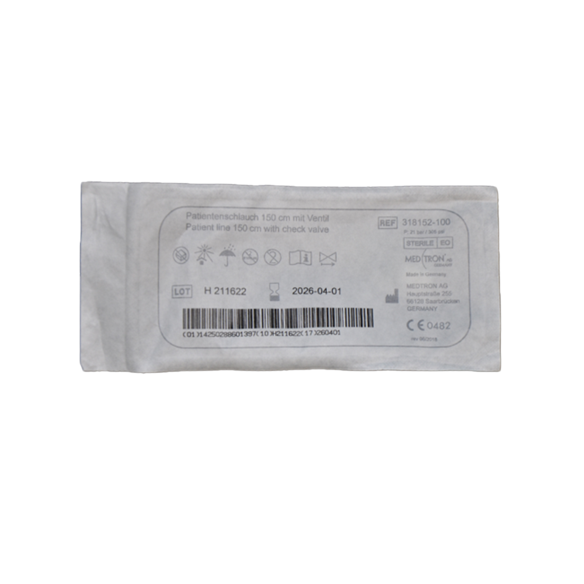 Patientenschlauch gerade 150cm mit R&#252;ckschlagventil (21 bar / 305 psi)