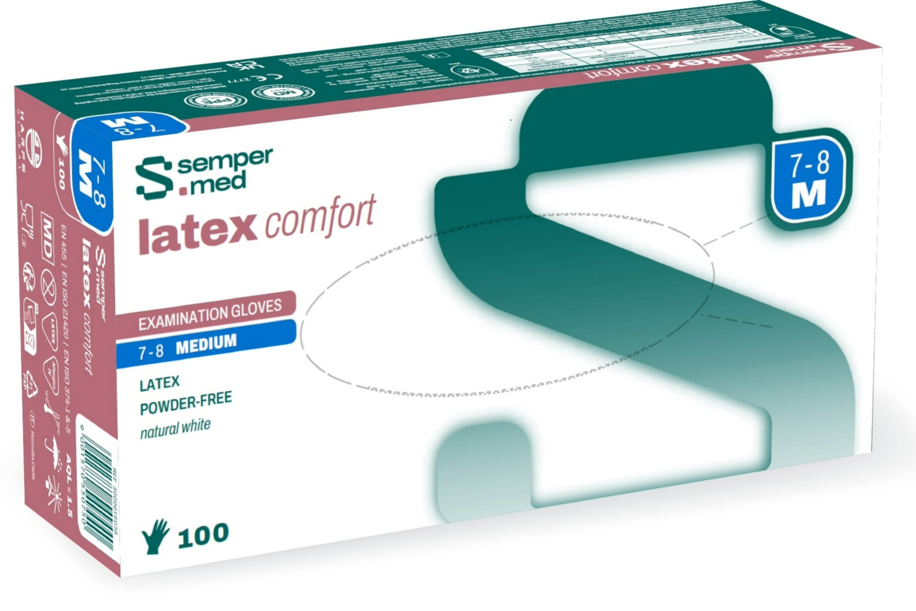 Sempermed Latex Comfort Gloves, Size M, White, 100 pcs.