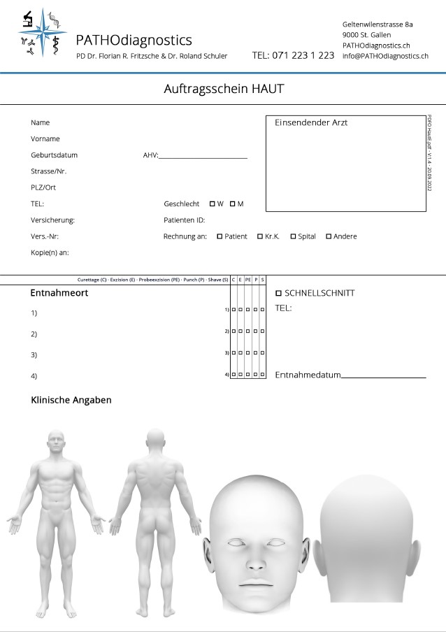 Auftragsformular Haut, unpersonalisiert