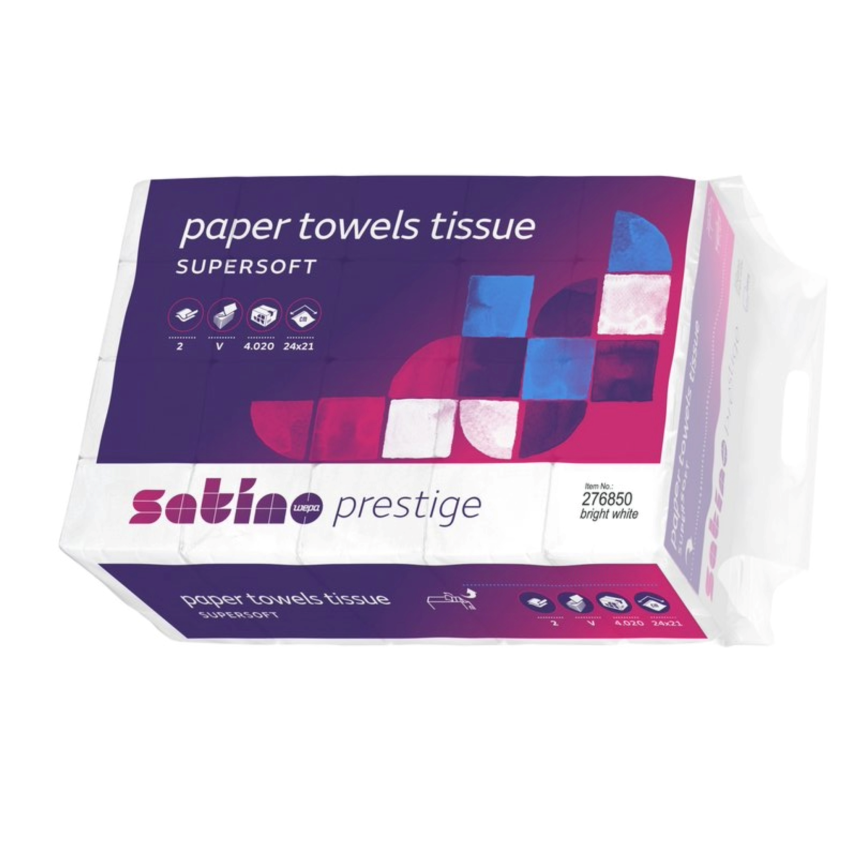 Paper towels tissue V-fold, Satino Prestige, bright white, 2-ply, 24x21cm, 4020 pcs.