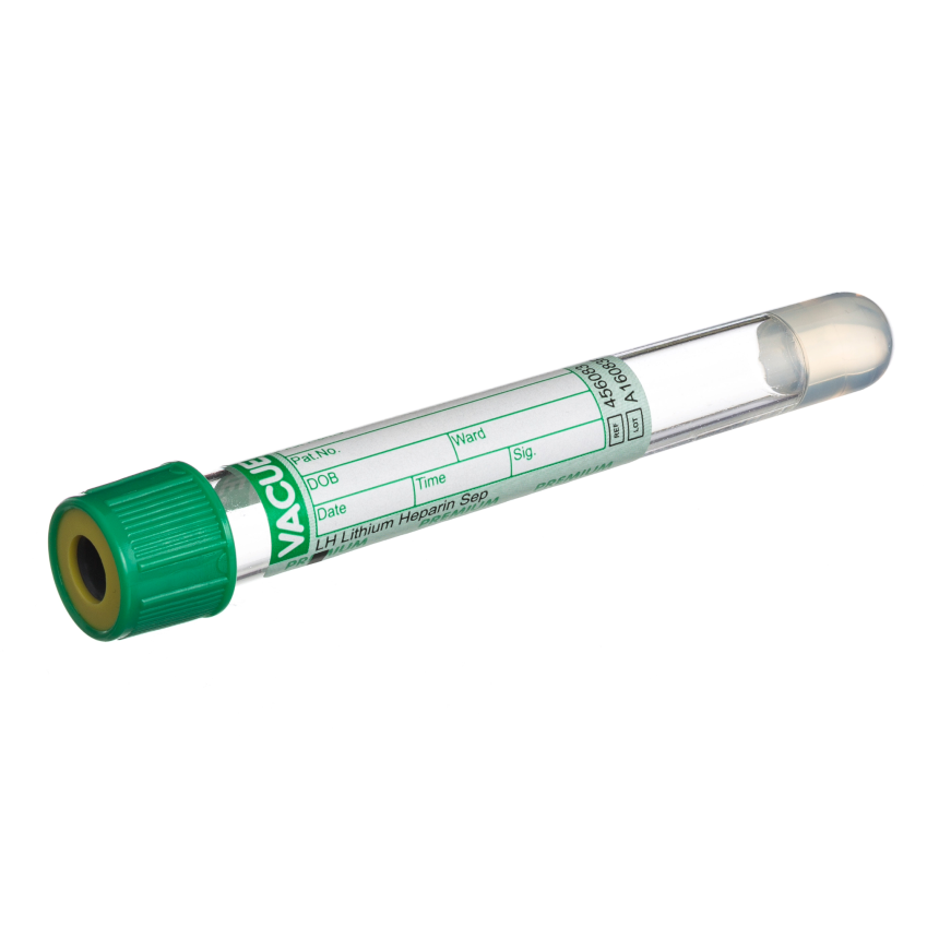 VACUETTE® TUBE 5 ml LH Lithium Heparin Separator, 13x100 green cap/yellow ring, PREMIUM, 50 pcs