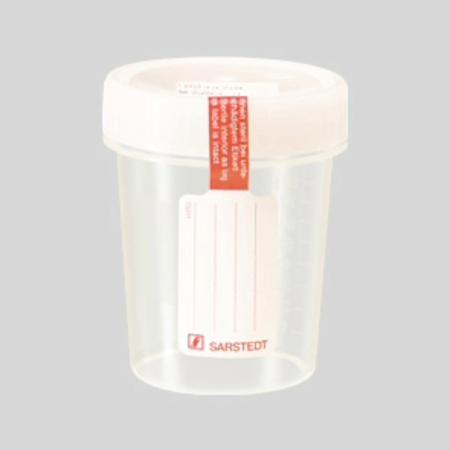 Schraubbecher f&#252;r Spermiogramm, steril, 100 ml, 57 x 76 mm, mit Sicherheitsetikettet / 5 Stk.