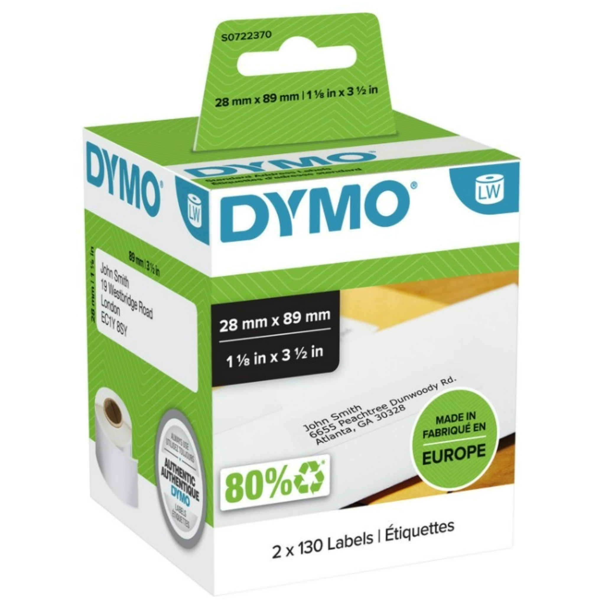 DYMO® Etiketten LabelWriter, Gr. 89x28mm, Packung 2 Rollen à 130 Stk.